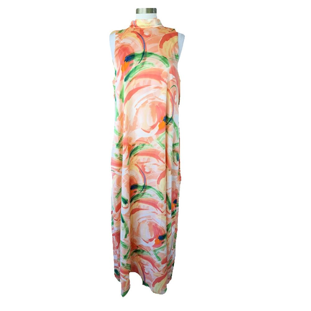 Nicole Miller Satin Sleeveless Maxi Dress Size Large Multicolor Abstract Print - Picture 3 of 10